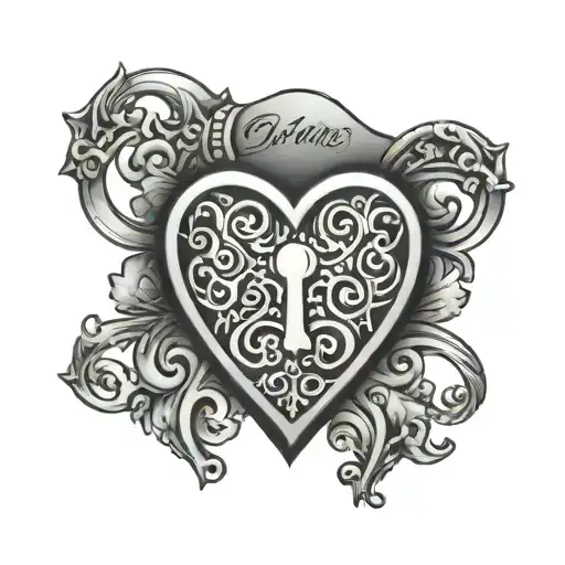 Heart shaped lock.  Small visible keyhole. The word "Owned" integrated in the filigree.  tattoo design idea