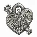Heart shaped lock.  Small visible keyhole. The word "Owned" in the filigree.  tattoo design idea