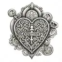 Heart shaped lock.  Small visible keyhole. The word "Owned" in the filigree.  tattoo design idea