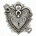 Heart shaped lock.  Small visible keyhole. The word "Owned" in the filigree.  tattoo design idea