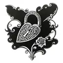 Heart shaped lock.  Small visible keyhole. "Owned" integrated in the filigree.  tattoo design idea