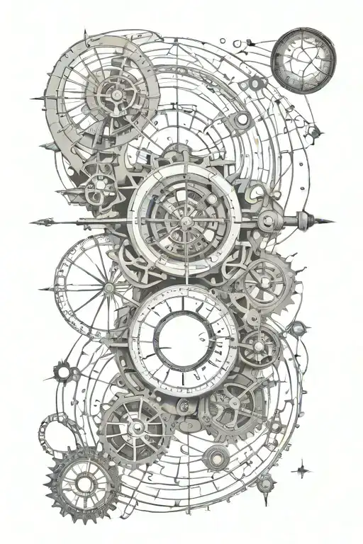 The sun, the earth and the moon perfectly aligned together in a machine steampunk tattoo design idea