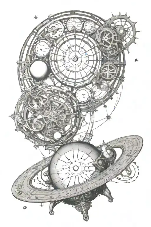 The sun, the earth and the moon perfectly aligned together in space steampunk tattoo design idea