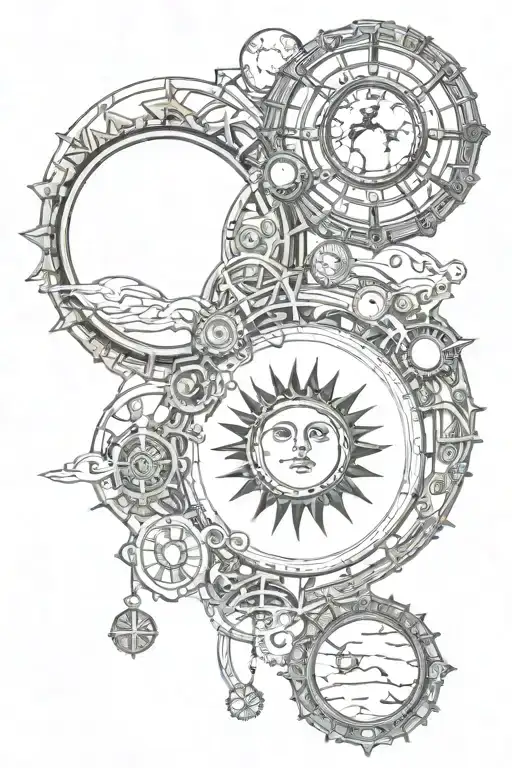 The sun, the earth and the moon aligned eclipse steampunk tattoo design idea