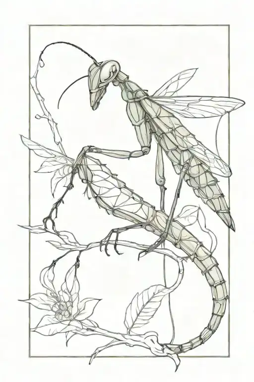 praying mantis on a vine line drawing style tattoo design idea