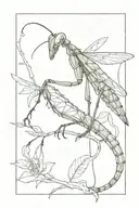 praying mantis on a vine line drawing style tattoo design idea