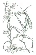 praying mantis on a vine line drawing style tattoo design idea