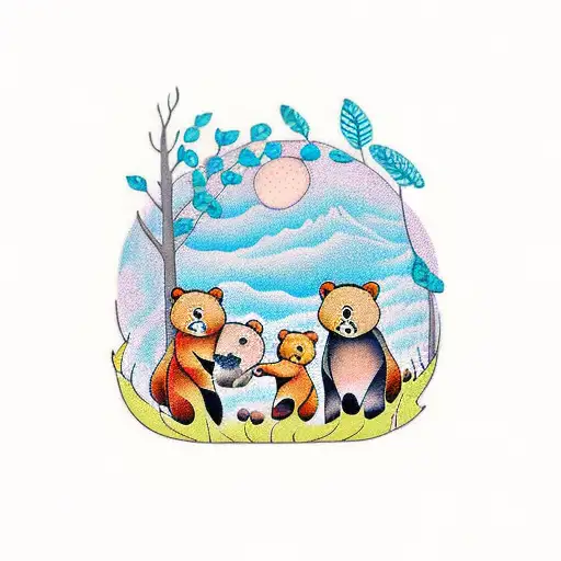 mama bear and bear cubs walking in the forest tattoo design idea