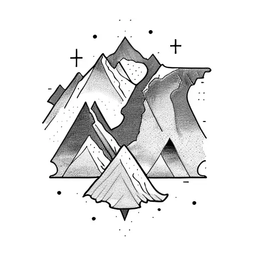 A sketch-style tattoo of a mountain range with a lone hiker conquering the peaks tattoo design idea
