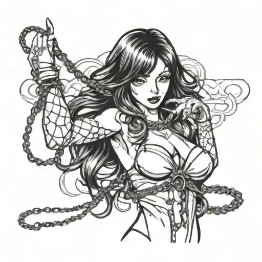 Sexy girl with black hair in a seductive pose holding a whip chain, inspired by anime manga tattoo design idea