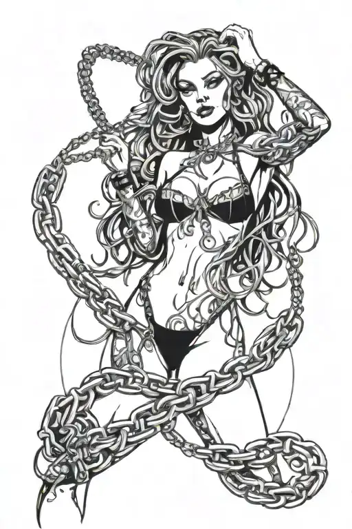 Whip intertwined with chains around a sexy girl in lingerie tattoo design idea