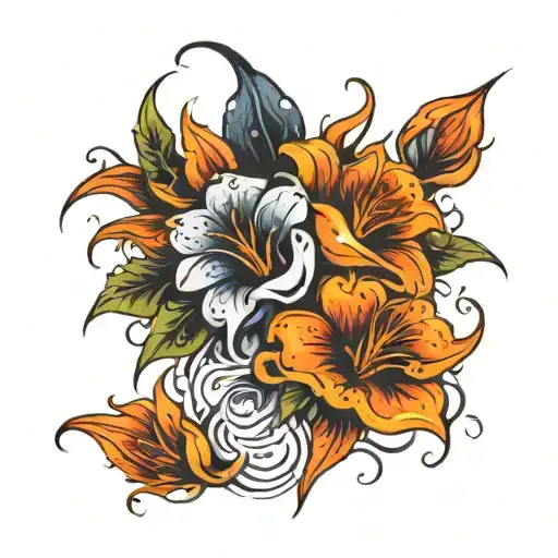 passion written with fire flowers and rain falling tattoo design idea