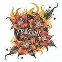 passion written with fire flowers and rain falling tattoo design idea