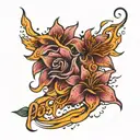 passion written with fire flowers and rain falling tattoo design idea