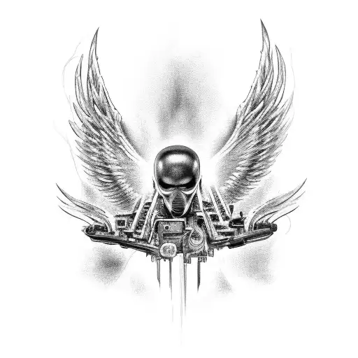 An electric circuit design forming the wings of a fallen angel in a black-grey cityscape tattoo design idea
