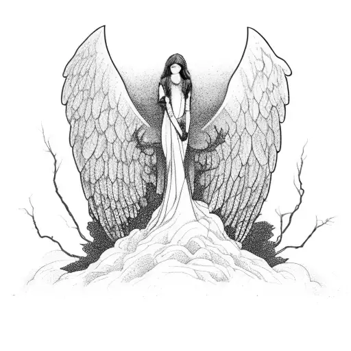 A fallen angel standing on a hill overlooking the city during a lightning storm tattoo design idea