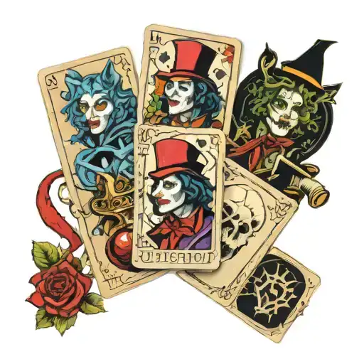 three tarot cards. one card with the joker, second card with the mad hatter, the third card with a wolf. tattoo design idea