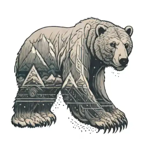 An intricate design featuring a majestic polar bear standing on a mountain peak, with video game elements like health bars and power-ups integrated into the scenery tattoo design idea