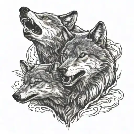 wolf showing teeth  protectin his two cubs tattoo design idea