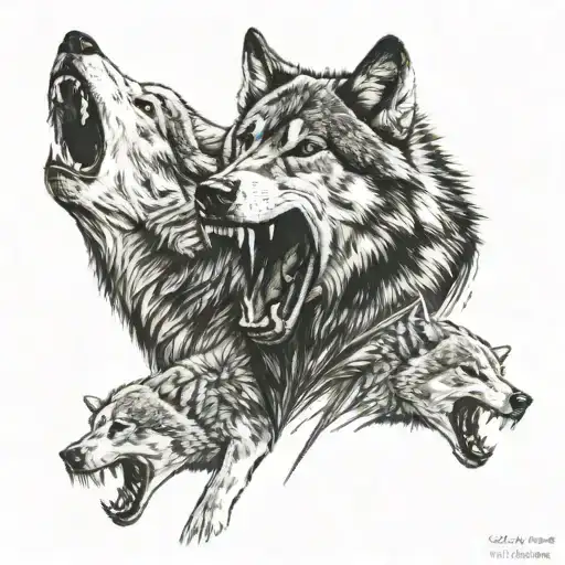 wolf showing teeth  protectin his two cubs tattoo design idea