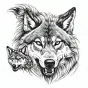 wolf showing teeth  protectin his two cubs tattoo design idea