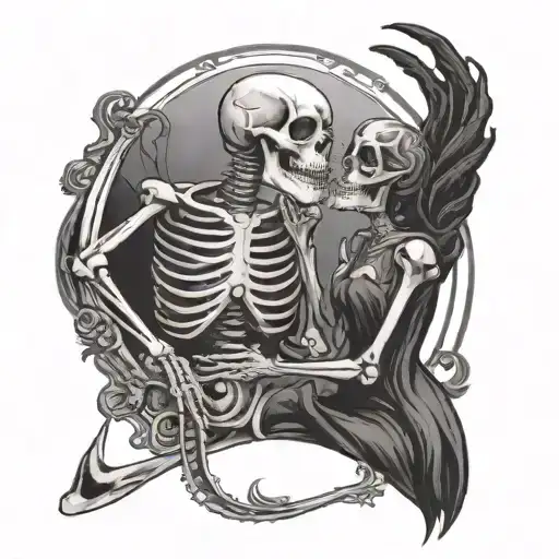 skeleton kissing death tarot card tattoo design idea