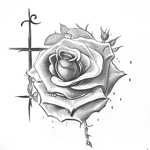  a catholic cross with  one rose and climbing plants tattoo design idea