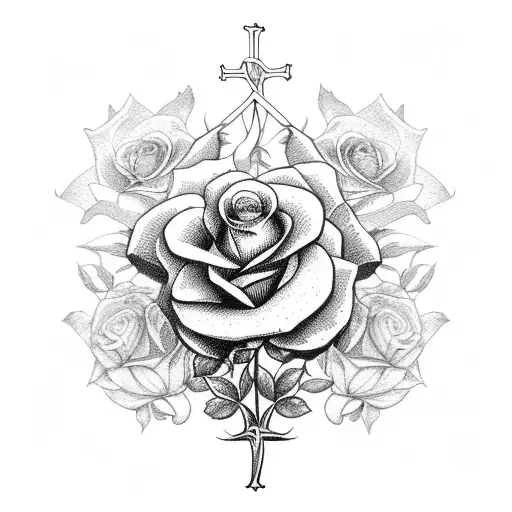  a catholic cross with roses and climbing plants tattoo design idea