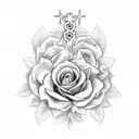  openwork Catholic cross with roses and climbing plants tattoo design idea