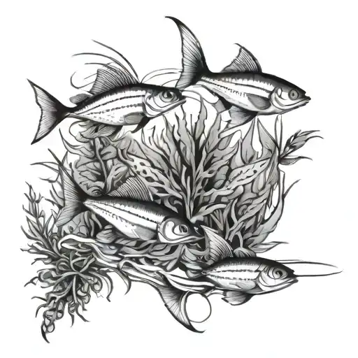 An underwater scene with a school of fish swimming around a marijuana plant tattoo design idea