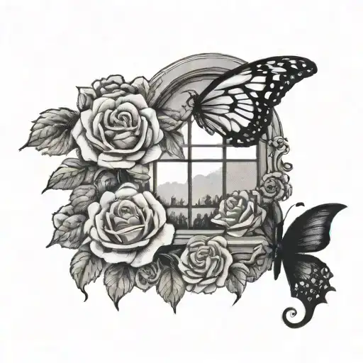 A dotwork tattoo of a window with roses and black butterflies flying around it tattoo design idea