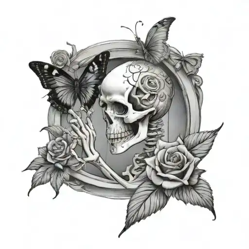 A black and grey tattoo of a human skeleton looking out of a window, holding a rose in one hand and a black butterfly in the other tattoo design idea