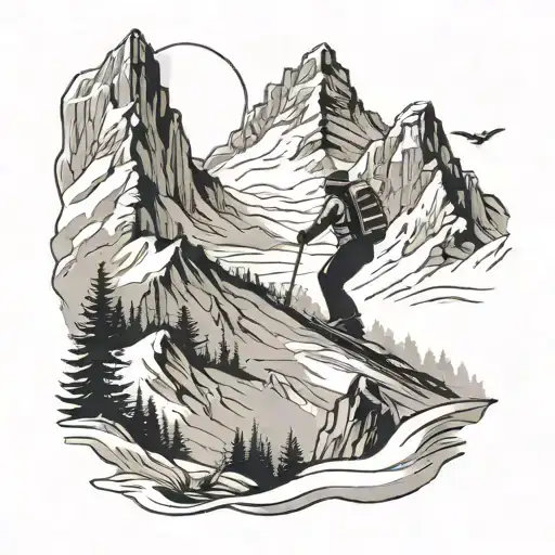 A majestic mountain range with skiers gracefully gliding down the slopes, with a subtle nod to faith by incorporating a cross in the background tattoo design idea