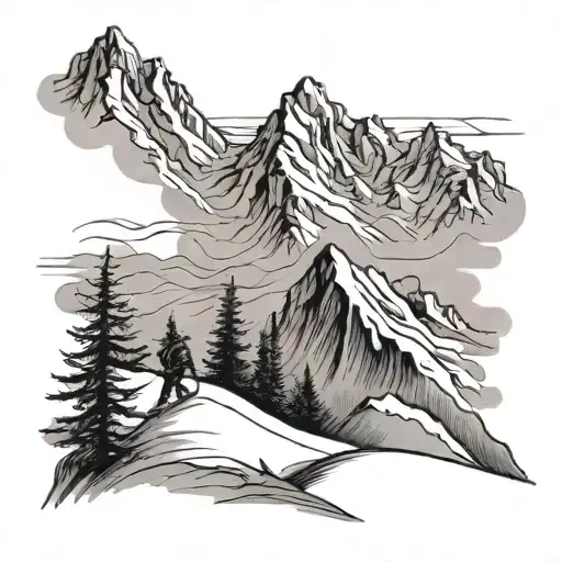 A majestic mountain range with skiers gracefully gliding down the slopes, with a subtle nod to faith by incorporating a cross in the background tattoo design idea