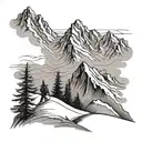 A majestic mountain range with skiers gracefully gliding down the slopes, with a subtle nod to faith by incorporating a cross in the background tattoo design idea