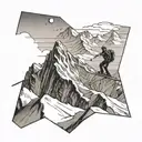 A majestic mountain range with skiers gracefully gliding down the slopes, with a subtle nod to faith by incorporating a cross in the background tattoo design idea