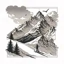 A majestic mountain range with skiers gracefully gliding down the slopes, with a subtle nod to faith by incorporating a cross in the background tattoo design idea