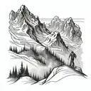 A majestic mountain range with skiers gracefully gliding down the slopes, with a subtle nod to faith by incorporating a cross in the background tattoo design idea