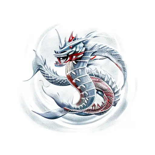 Generate a detailed illustration of a Nordic Gyarados in red shiny color. The Gyarados should be depicted in profile and tattoo design idea