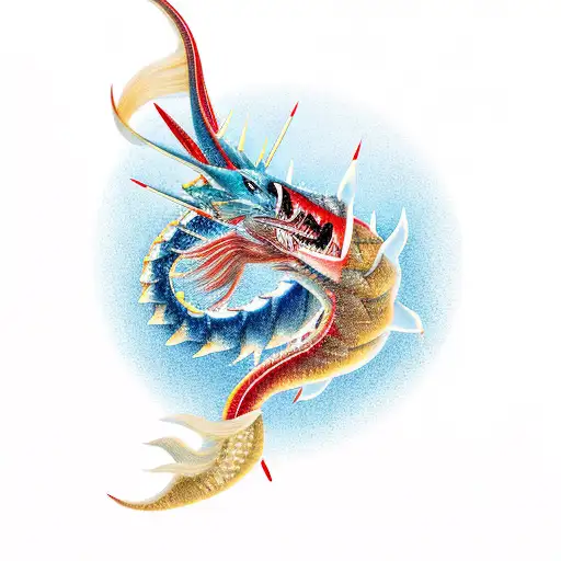 a detailed illustration featuring a Nordic Gyarados in red shiny color. The Gyarados should be depicted in profile, maki tattoo design idea