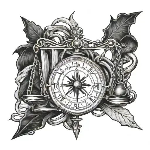 A scale of justice intertwined with a compass tattoo design idea