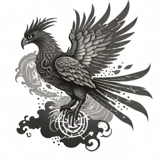 A dotwork tattoo of a mechanized phoenix rising from the ashes, inspired by anime and mysticism, set in a cinematic background tattoo design idea