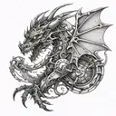 A dotwork tattoo of a mechanical dragon inspired by anime, incorporating elements of mysticism and cinema tattoo design idea