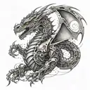 A dotwork tattoo of a mechanical dragon inspired by anime, incorporating elements of mysticism and cinema tattoo design idea
