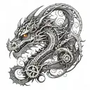 A dotwork tattoo of a mechanical dragon inspired by anime, incorporating elements of mysticism and cinema tattoo design idea