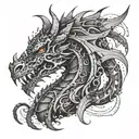 A dotwork tattoo of a mechanical dragon inspired by anime, incorporating elements of mysticism and cinema tattoo design idea