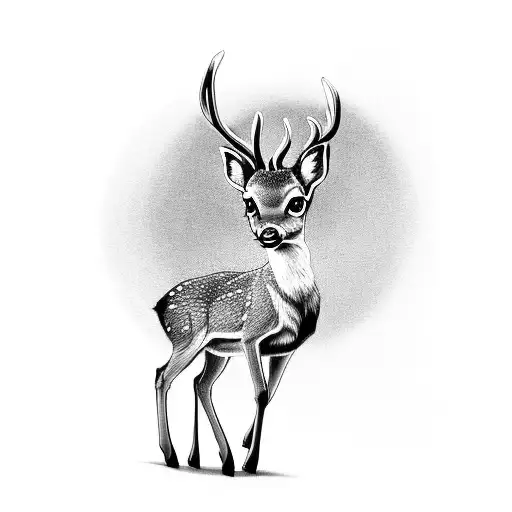 A black-grey tattoo of a full body baby deer, cute, pretty tattoo design idea