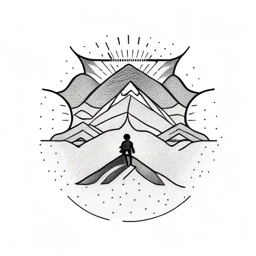A minimalist tattoo of a hiker standing on a mountain peak with the sun shining behind tattoo design idea