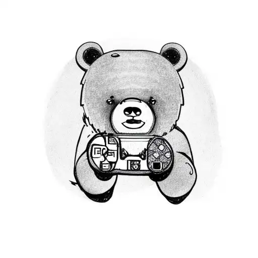 A bear playing a video game controller while drinking a beer tattoo design idea
