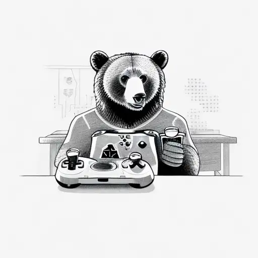 A bear playing a video game controller while drinking a beer tattoo design idea